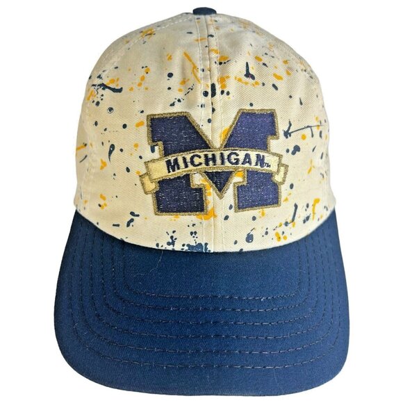 Vintage University of Michigan Paint Splatter Snapback Hat Blue Gold USA College - Picture 2 of 8